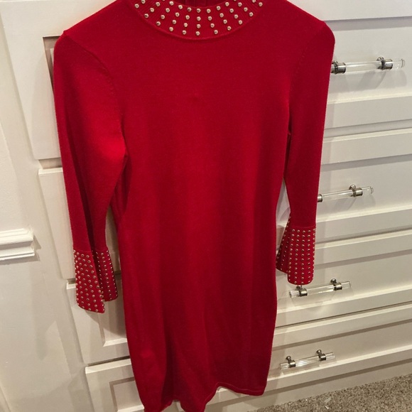 Calvin Klein Red mid length  Sleeve Studded Dress - Picture 8 of 11
